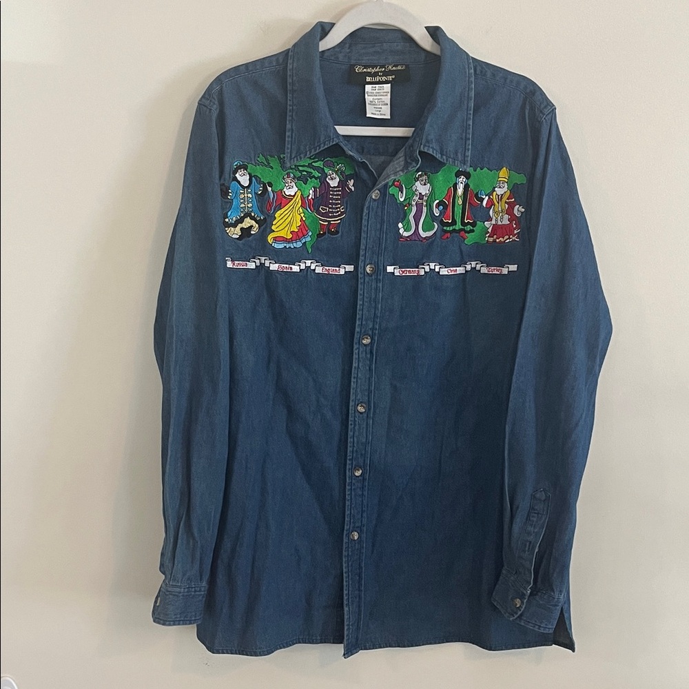 Vintage Christopher Radko Santas Around the World Button Down Shirt Denim 2002 L